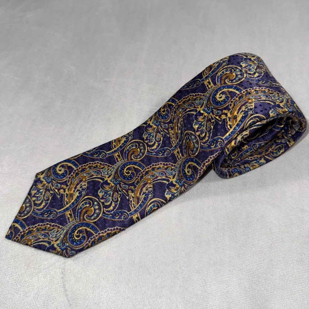 Vtg ROBERT TALBOTT 100% Silk Necktie Made in USA Peacock Designer Purple Yellow‎